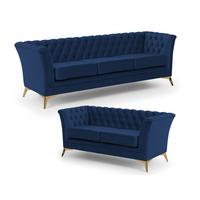SITZGARNITUR 3+2 Chesterfield Whitby Marineblau Samt mit goldenen Füßen - Blau/Goldfarben, Holz/Textil (237/78/82cm) - S-Style Möbel
