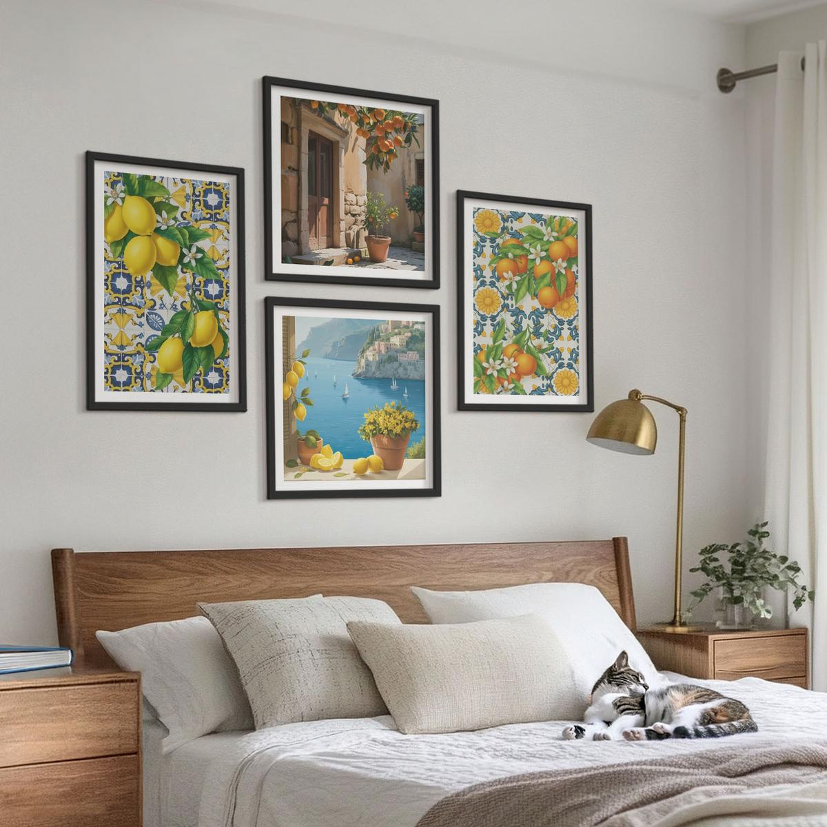 BILDER SET 4er Set - 50x50 cm & 40x60 cm Schwarzer Rahmen - Zitronen, Blumen, Orangen, Italien - Schwarz, Kunststoff (50/50cm) - TULUP
