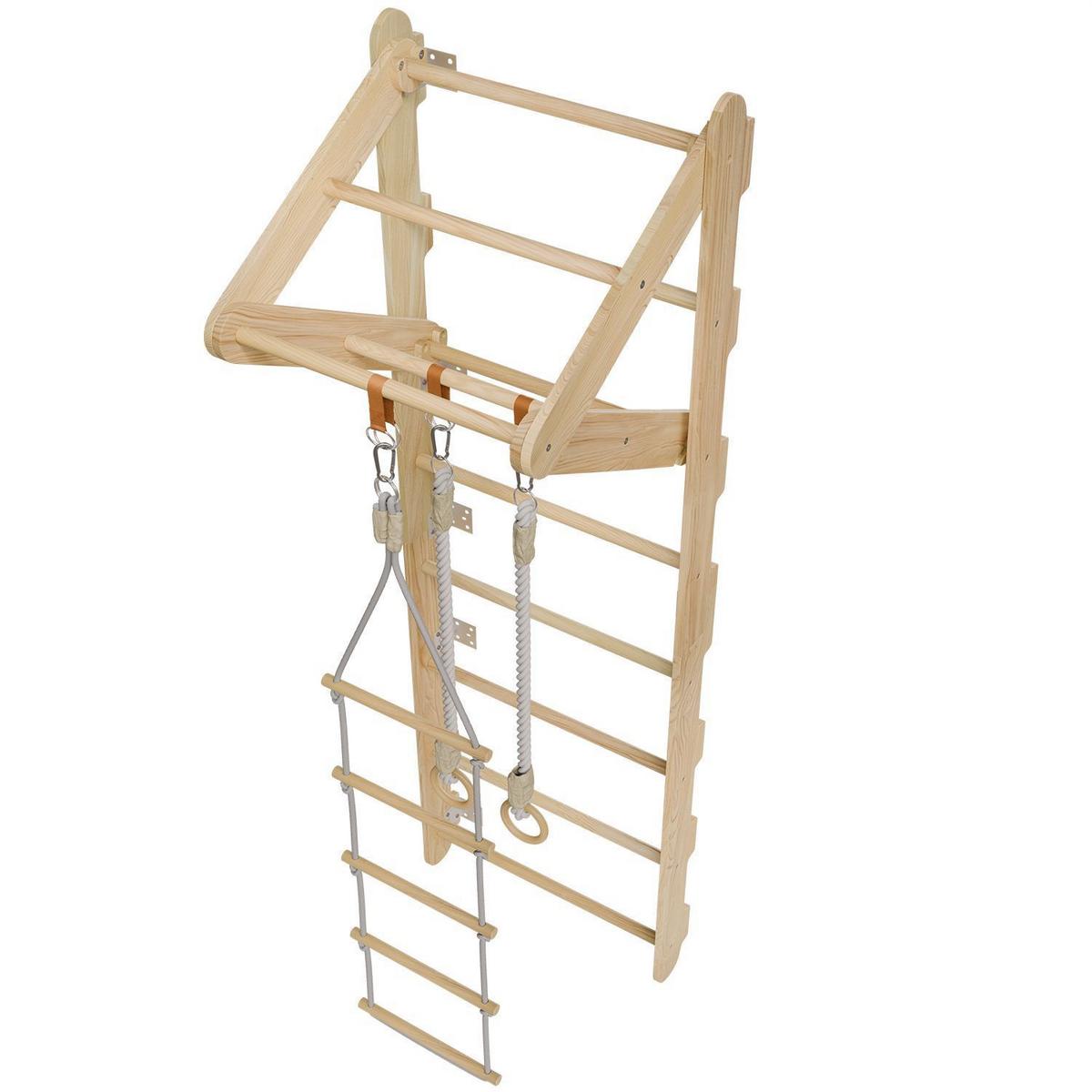 SPROSSENWAND für Kinder mit Turnringen - Naturfarben, Holz (62/57cm) - Juskys