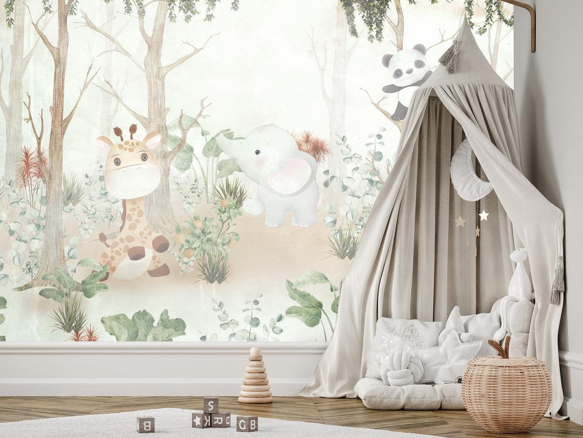 FOTOTAPETE für Kinder Tiere Wald Pflanzen 100x70 - Beige/Orange, Papier (100/70cm) - Muralo