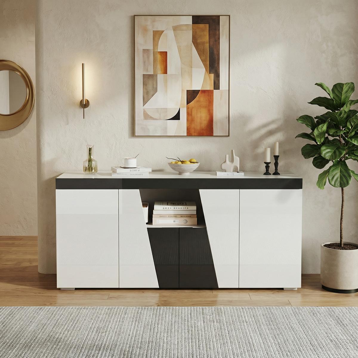 SIDEBOARD in Weiß & Schwarz mit App-LED-Lichtleiste - Weiß, Holzwerkstoff (140/65/40cm) - Urban Meuble