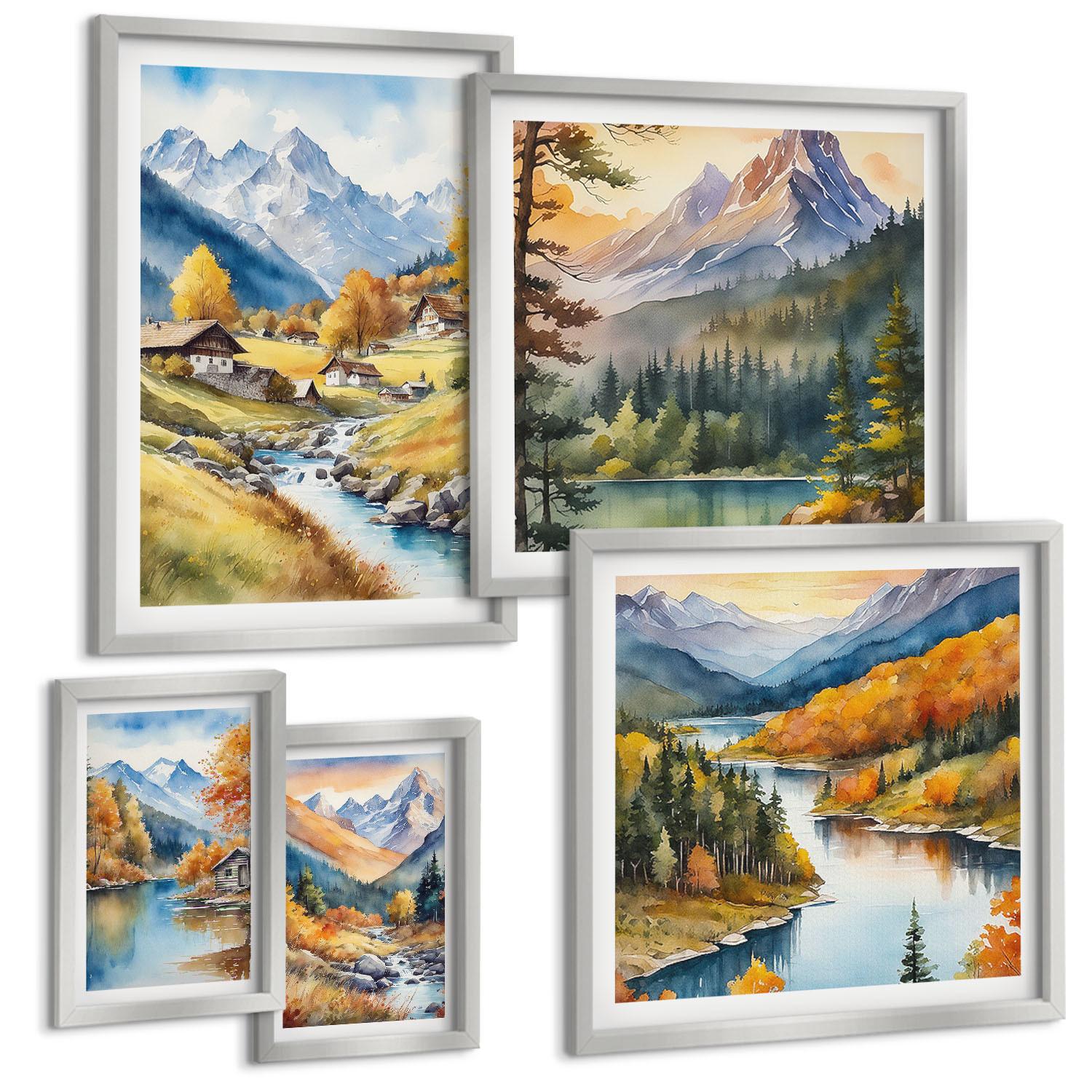 BILDER SET 5er Set - 50x50 cm & 20x30 cm & 40x60 cm Silberner Rahmen - Bergblick, Fluss, Herbst - Silberfarben, Kunststoff (40/60cm) - TULUP