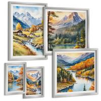 BILDER SET 5er Set - 50x50 cm & 20x30 cm & 40x60 cm Silberner Rahmen - Bergblick, Fluss, Herbst - Silberfarben, Kunststoff (40/60cm) - TULUP