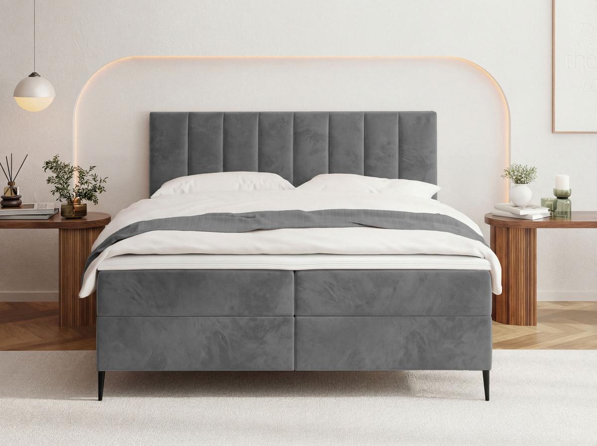BOXBETT Allen mit Bettkasten, Samt Grau 200x200 cm – inkl. H4 Taschenfederkern Matratze & Foam Topper - Schwarz/Grau, Textil/Metall (200/200cm) - WFL GROUP