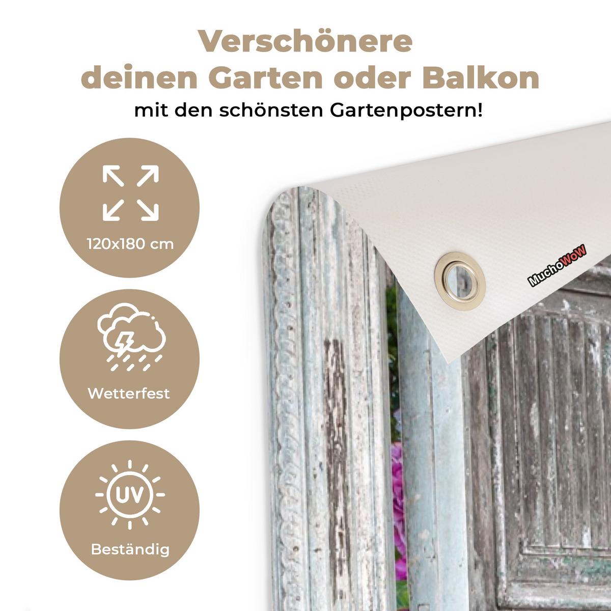 GARTENPOSTER Durchblick - Hortensie - Blumen Bild 120x180 cm - Hellgrau, Kunststoff (120/180/0.2cm) - OnlyWow