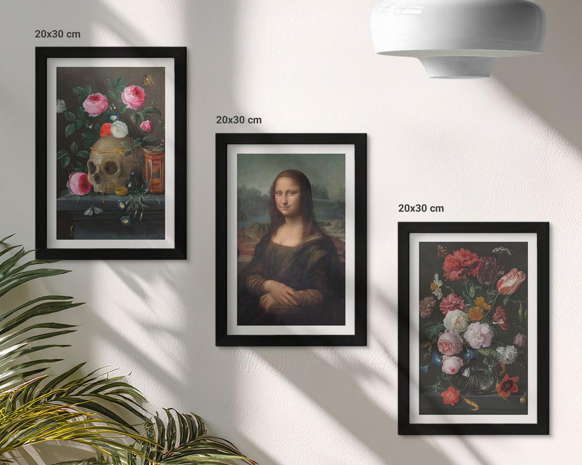 BILDER SET 3er Set - 20x30 cm Schwarzer Rahmen - Blumenschädel-Porträt Mona Lisa - Schwarz, Kunststoff (20/30cm) - TULUP
