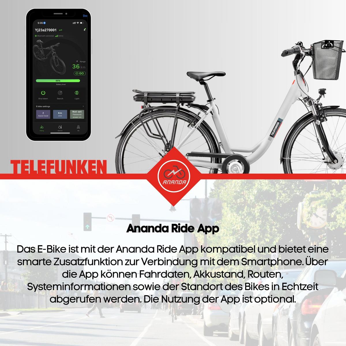 E-BIKE Cityrad Multitalent RC667 28 Zoll Elektrofahrrad 536,5 Wh Frontmotor 7-Gang-Kettenschaltung - Weiß, Metall (110cm) - Telefunken