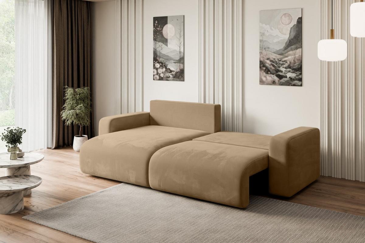 ECKSOFA mit Schlaffunktion und Bettkasten KLEEA-L - 247x143x83 cm Beige Velours - Beige/Schwarz, Holzwerkstoff/Kunststoff (247/143cm) - ALTDECOR