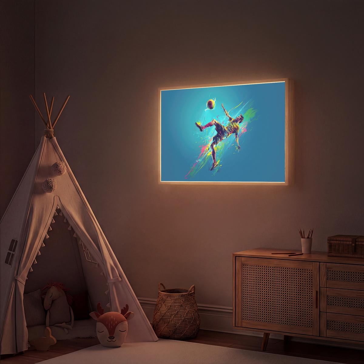 WANDLEUCHTE MIT AKKU Fußballer - Farbspritzer - Farbenfroh - Ball 100x70 cm - Blau, Holzwerkstoff (100/70/8cm) - OnlyWow