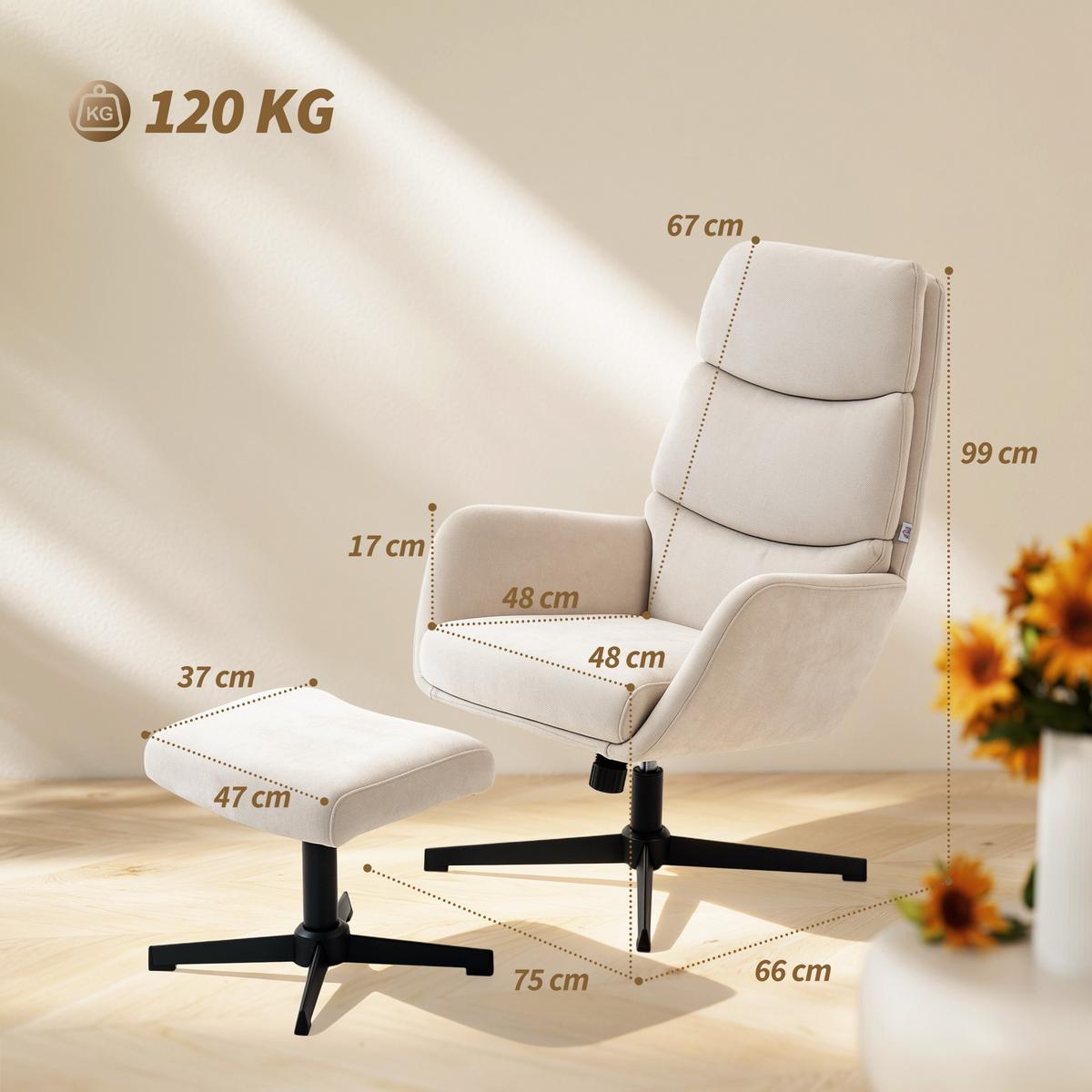 RELAXSESSEL mit Hocker, Fernsehsessel mit hoher Rückenlehne Wippfunktion Beige - Beige/Schwarz, Textil/Metall (66/99/75cm) - HOMCOM