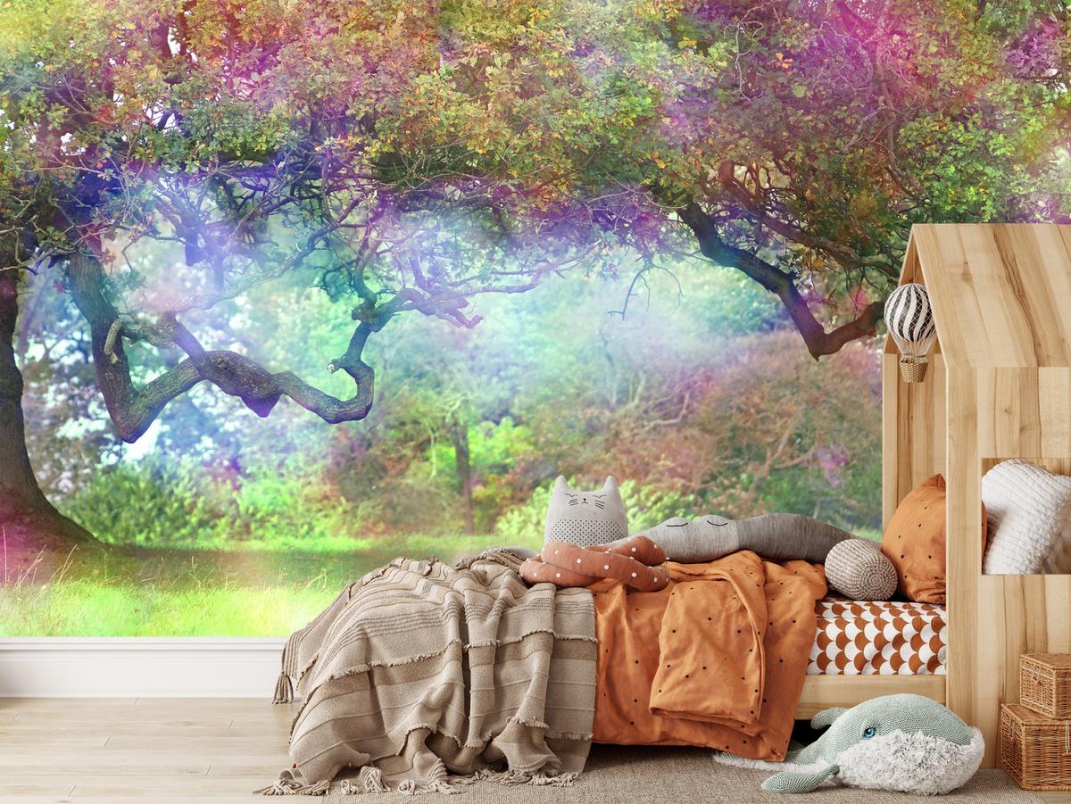 FOTOTAPETE für Kinderzimmer Magischer Bunter Wald Bäume Sträucher Blätter Pflanzen 100x70 - Gelb/Rot, Papier (100/70cm) - Muralo