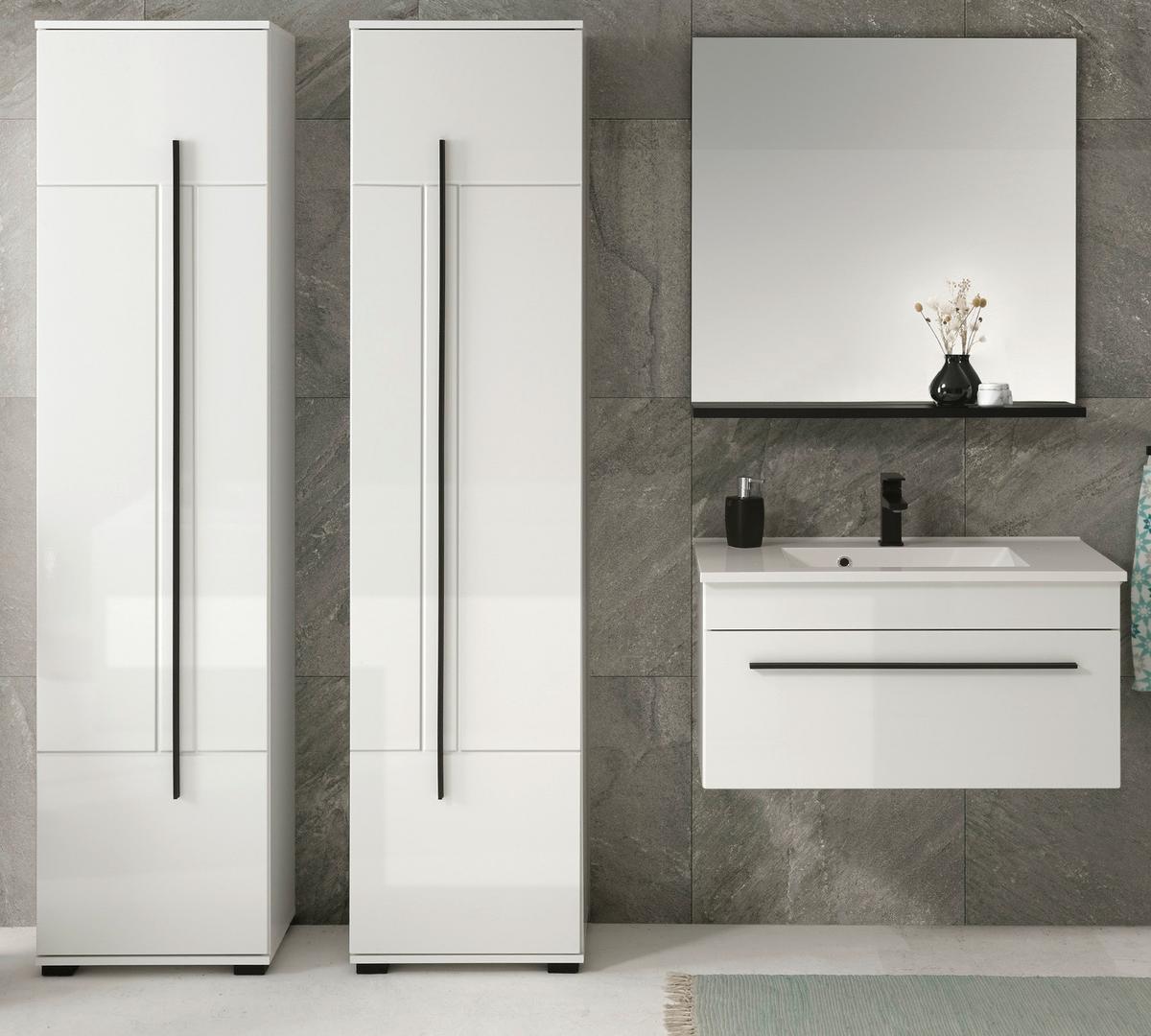 BADMÖBEL-SET weiß Hochglanz schwarz, Badkombination MIT Waschbecken, 190 x 200 cm - Weiß Hochglanz/Schwarz, Holzwerkstoff/Kunststoff (190/200/45cm) - Furn.Design