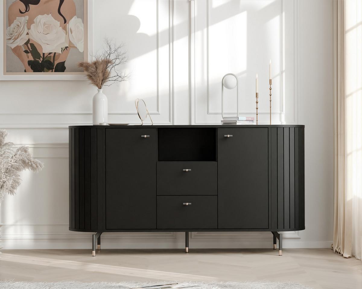 KOMMODE geriffelt, mit Fach, Schwarz - Schwarz, Holzwerkstoff (150/81/40cm) - Idohome