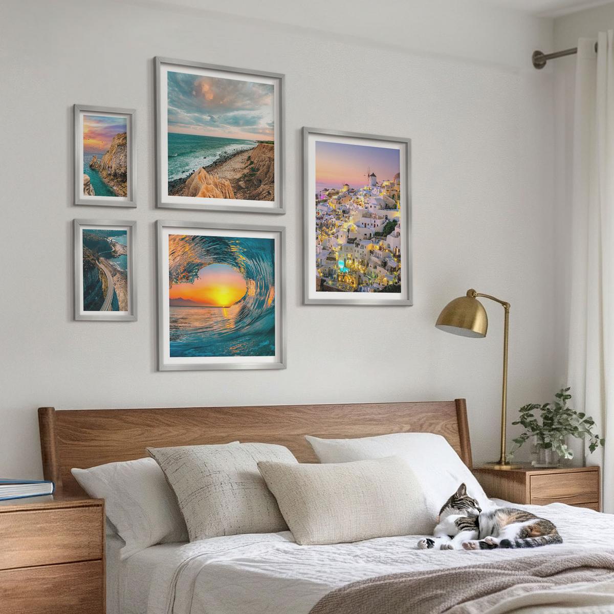 BILDER SET 5er Set - 50x50 cm & 20x30 cm & 40x60 cm Silberner Rahmen - Meereswellen, weiße Häuser, Santorini - Silberfarben, Kunststoff (40/60cm) - TULUP