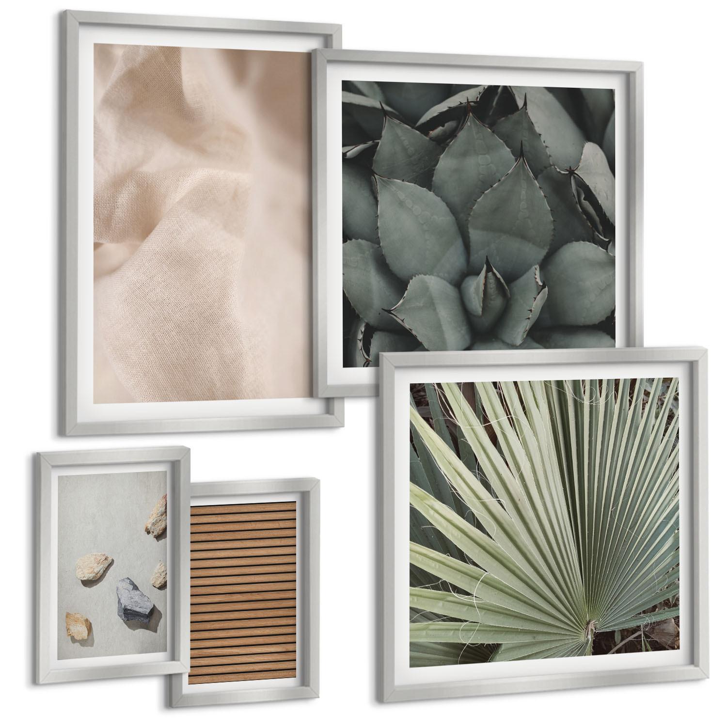 BILDER SET 5er Set - 50x50 cm & 20x30 cm & 40x60 cm Silberner Rahmen - Steine, Holz, Stofftexturen - Silberfarben, Kunststoff (40/60cm) - TULUP