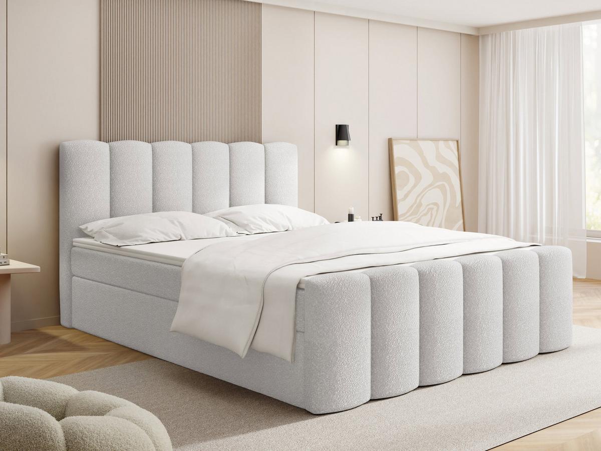 BOXBETT Serenity mit Bettkasten, Boucle Weiß 120x200 cm – inkl. H4 Taschenfederkern Matratze & Foam Topper - Schwarz/Weiß, Holz/Holzwerkstoff (120/200cm) - WFL GROUP