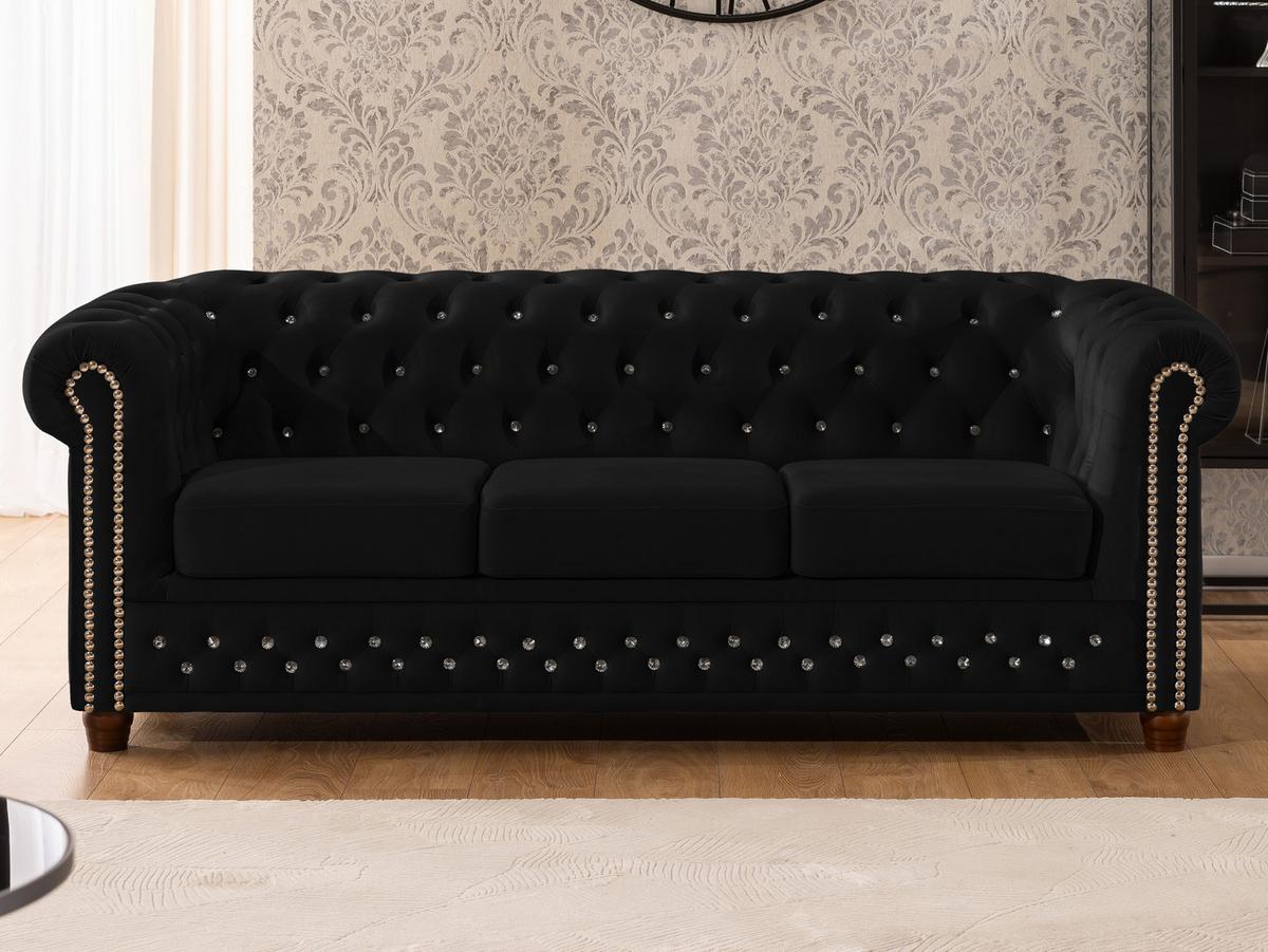 CHESTERFIELD-SOFA 3-sitzer Cleo Blink Schwarz Samt mit Kristallsteppung und braunen Massivholzfüßen - Schwarz/Braun, Holz/Textil (203/72/86cm) - S-Style Möbel
