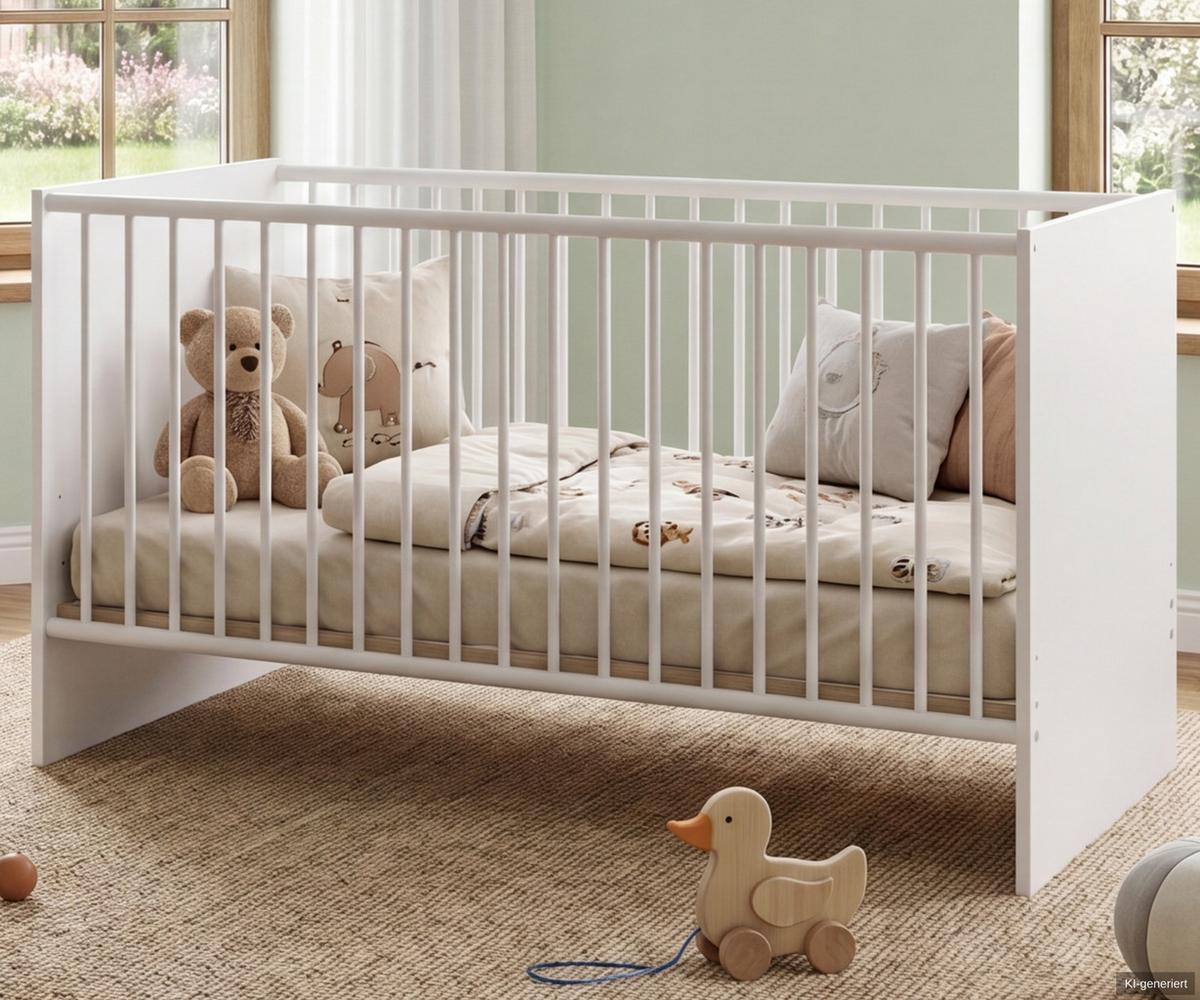 BABYZIMMER-SET 3-tlg.: Babybett & Wickelkommode & Kleiderschrank 3-türig B135/H199/T58 cm, Weiß mit Eiche & Hirnholz Dekor / 22813 - Eichefarben/Weiß, Holzwerkstoff (135/199/58cm) - luma-home