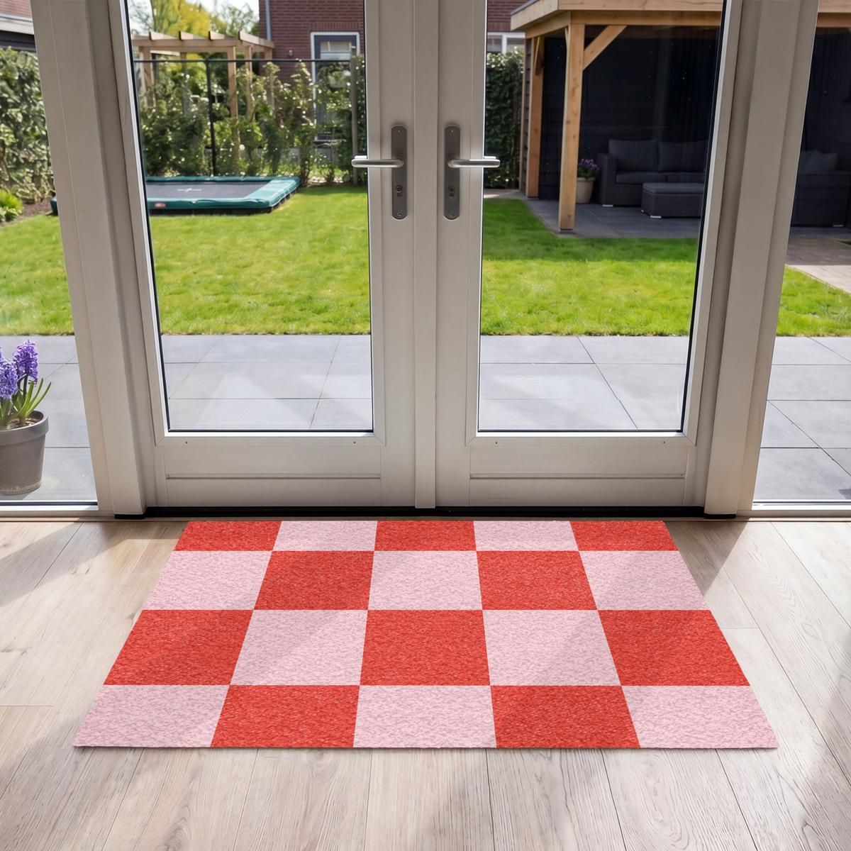 FUSSMATTE Schachbrettmuster - Rot - Rosa - Würfel Türmatte 120x80 cm - Rot, Kunststoff (120/0.4cm) - MuchoWow
