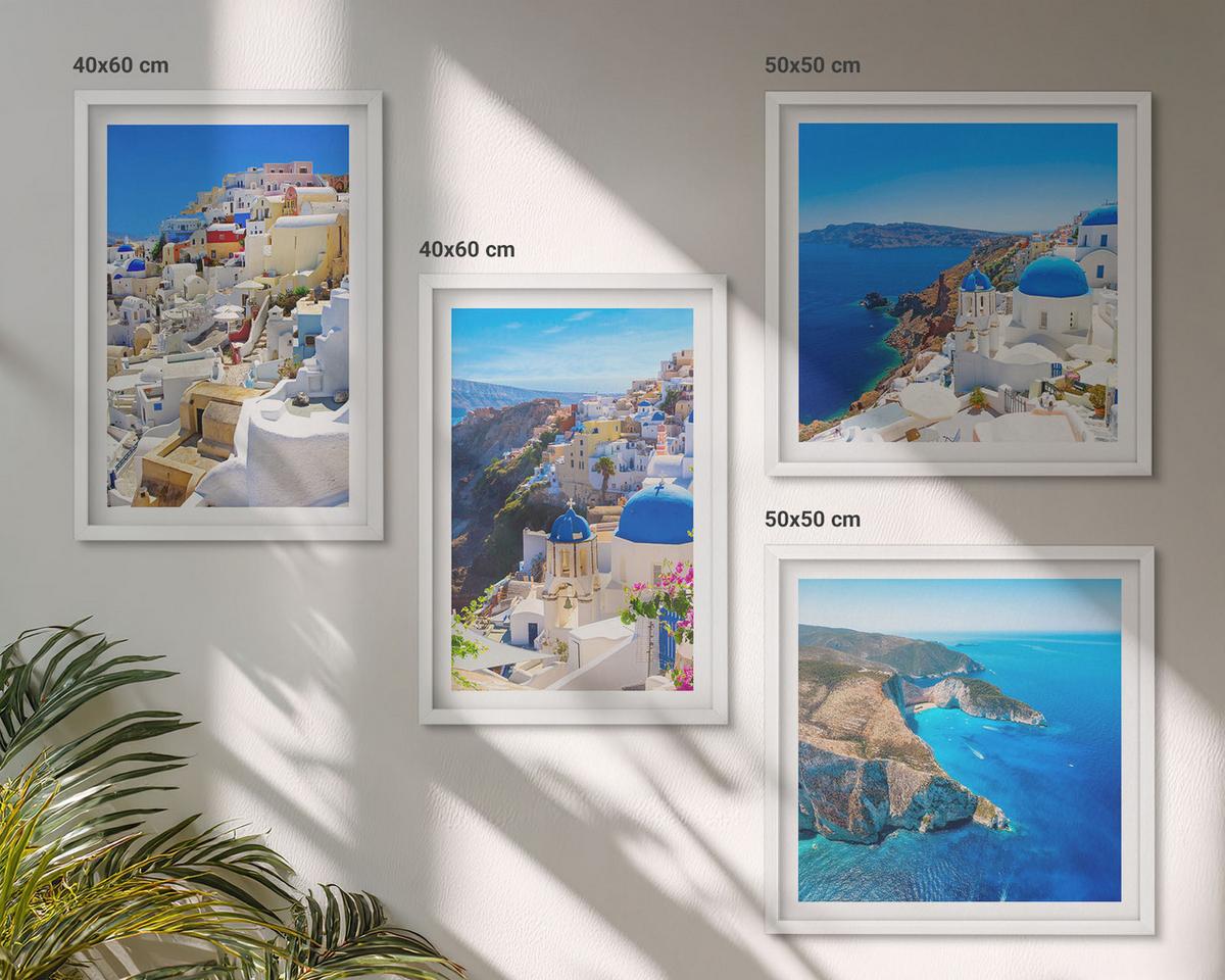 BILDER SET 4er Set - 50x50 cm & 40x60 cm Weißer Rahmen - Architekturlandschaft Oia Santorin Griechenland - Weiß, Kunststoff (50/50cm) - TULUP