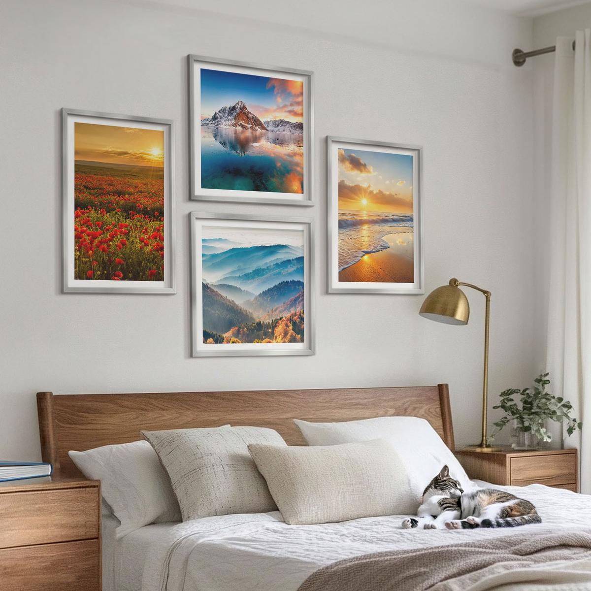 BILDER SET 4er Set - 50x50 cm & 40x60 cm Silberner Rahmen - Landschaften aus Bergen und Meeren im Westen - Silberfarben, Kunststoff (50/50cm) - TULUP