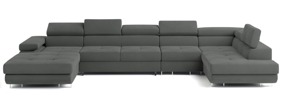 WOHNLANDSCHAFT VELORA R-S Grau Velours-Stoff mit Schlaffunktion - Grau, Holz (419/90/202cm) - MASSENO