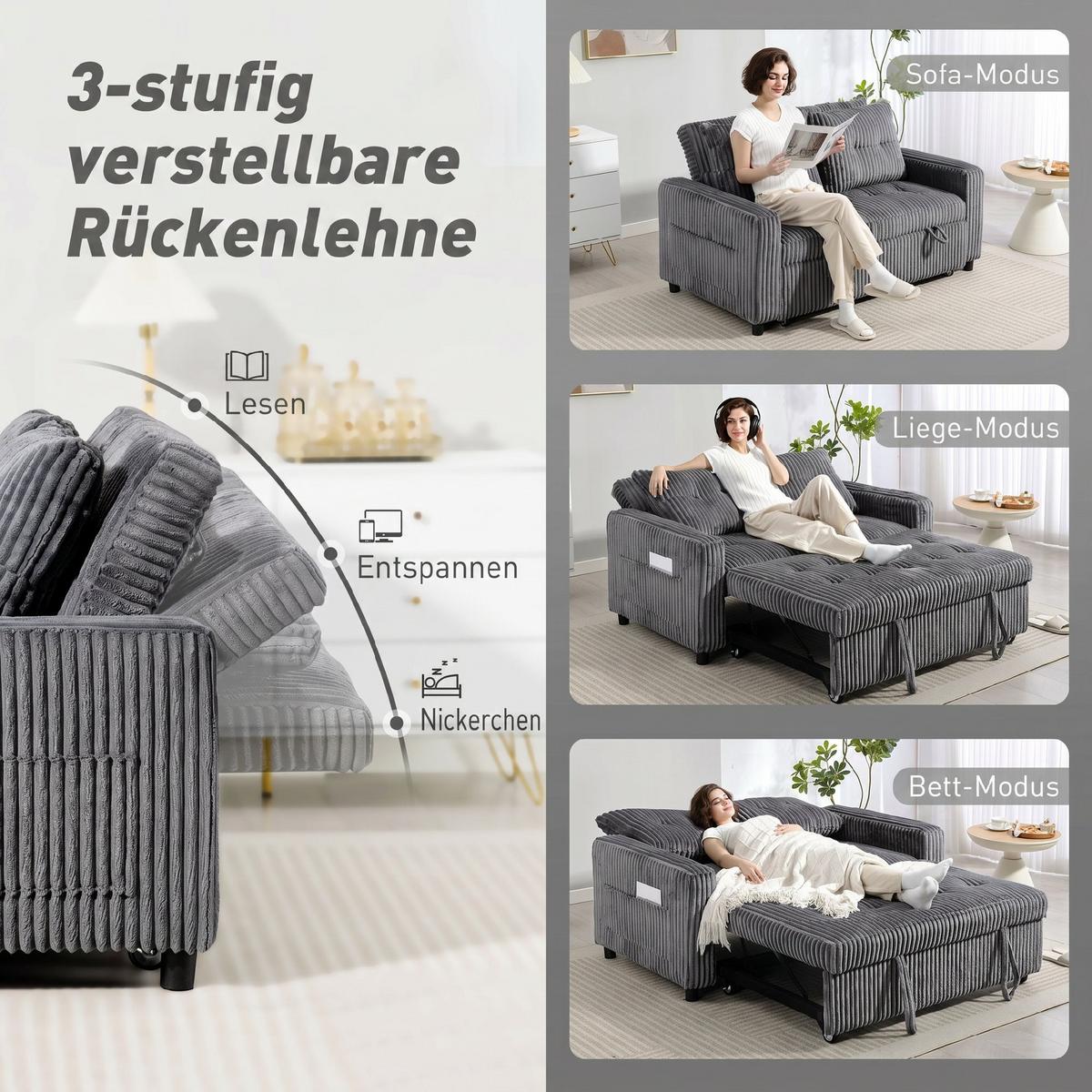 SCHLAFSOFA Polyester Stahl Dunkelgrau - Dunkelgrau/Hellgrau, Holz/Kunststoff (90/91/157cm) - HOMCOM