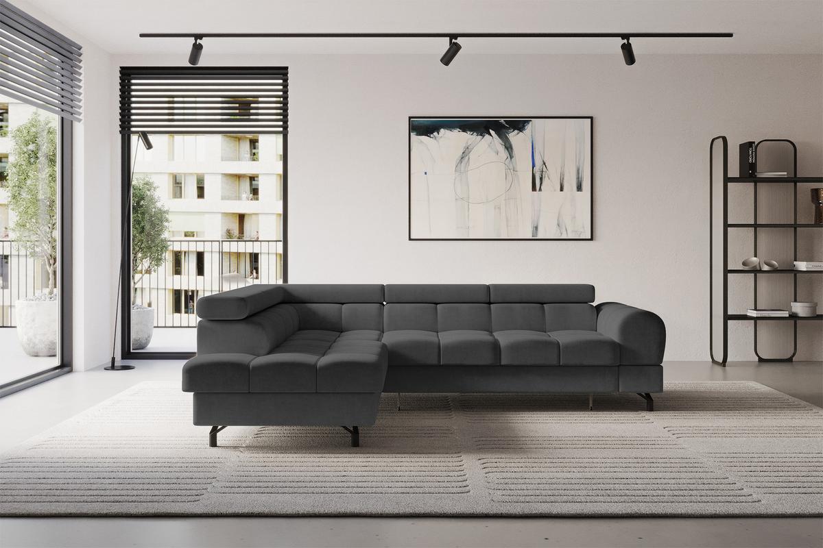 ECKSOFA mit Schlaffunktion Ottomane Links LUMA-L 272x203x70 Dunkelgrau Velours - Dunkelgrau/Schwarz, Holzwerkstoff/Kunststoff (272/203cm) - ALTDECOR