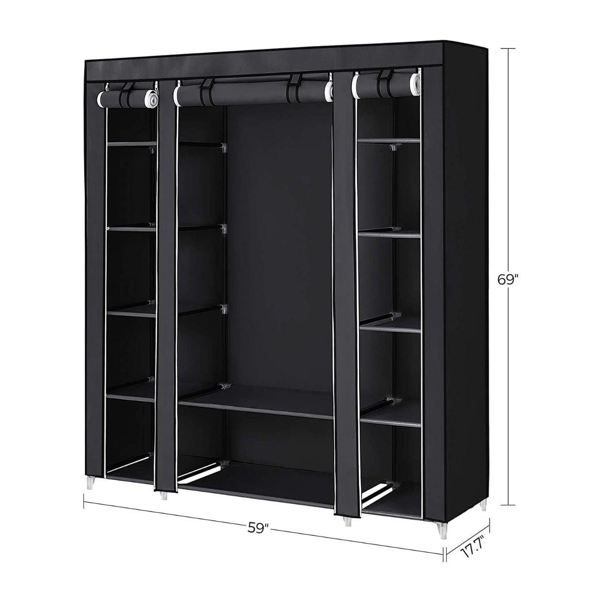 STOFFKLEIDERSCHRANK mit 12 Ebenen und Kleiderstange - L150 cm - Schwarz, Metall (45/175/80cm) - Calicosy
