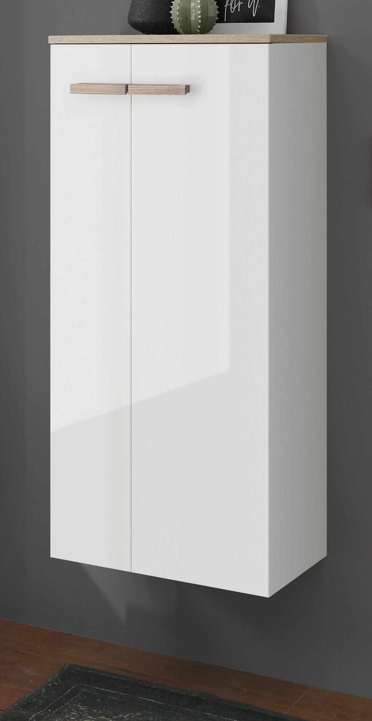 BAD-KOMMODE weiß Lack Hochglanz, Eiche, Midischrank hängend, stehend 51 x 110 cm - Weiß Hochglanz/Eichefarben, Holzwerkstoff/Kunststoff (51/115/30cm) - Furn.Design
