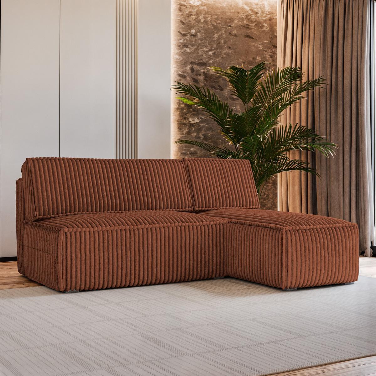ECKSOFA BRISO T Braun Kordstoff mit Schlaffunktion - Braun/Grau, Holz/Kunststoff (200/140cm) - MASSENO