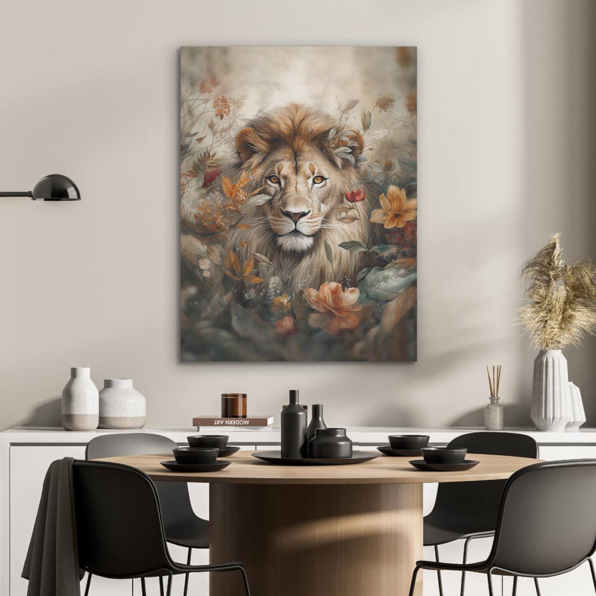 AKUSTIKBILD Löwe - Wildtiere - Pflanzen - Natur - Blumen Wandbilder 60x80 cm - Beige, Kunststoff (60/80/0.9cm) - MuchoWow
