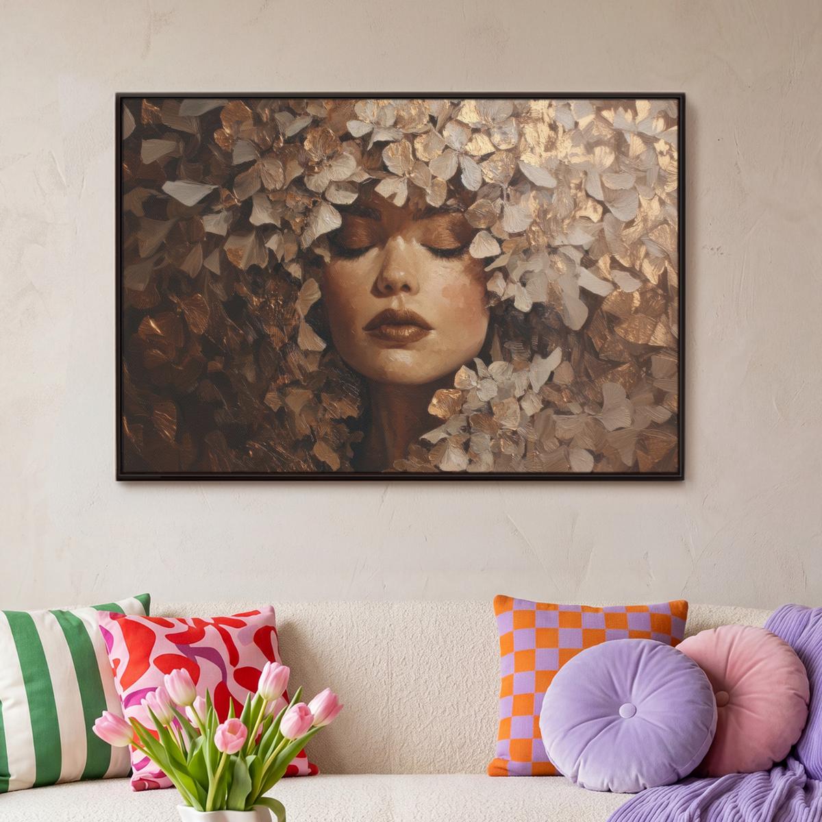 LEINWAND Bilder mit Rahmen - Gesicht - Dame - Blätter - Pinselstriche - 90x60 - Goldfarben, Textil (90/60cm) - MuchoWow