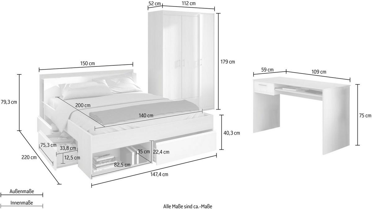 JUGENDZIMMER Set mit Kleiderschrank Stauraumbett 140 cm Schreibtisch - Silberfarben/Weiß, Holz/Holzwerkstoff (140/179/200cm) - Parisot Meuble