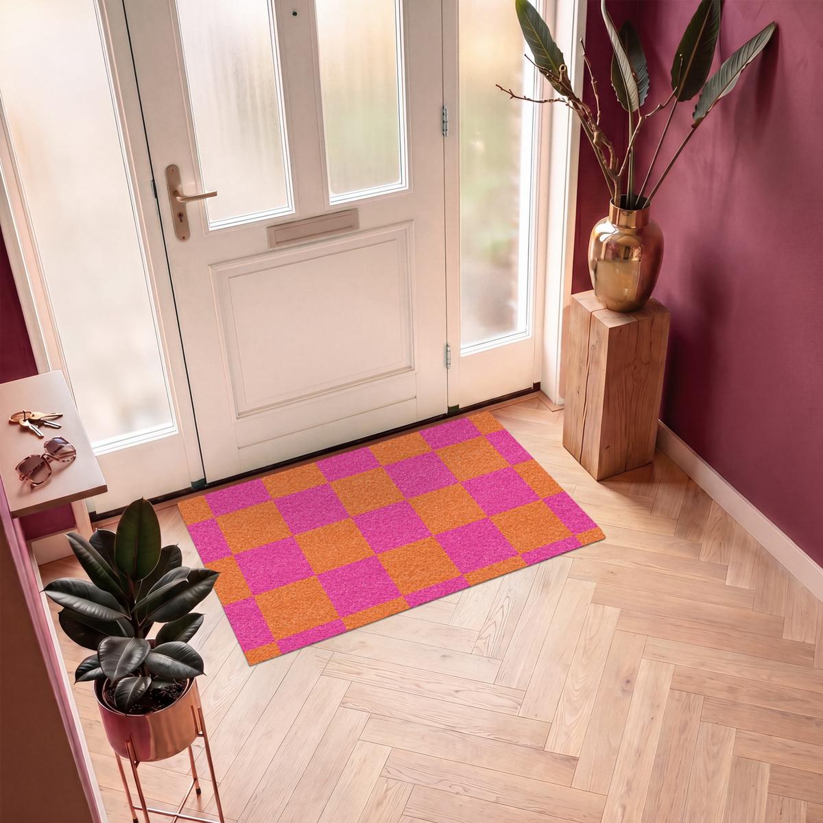 FUSSMATTE Schachbrettmuster - Orange - Rosa - Blöcke Schmutzfangmatte 120x80 cm - Pink, Kunststoff (120/0.4cm) - MuchoWow