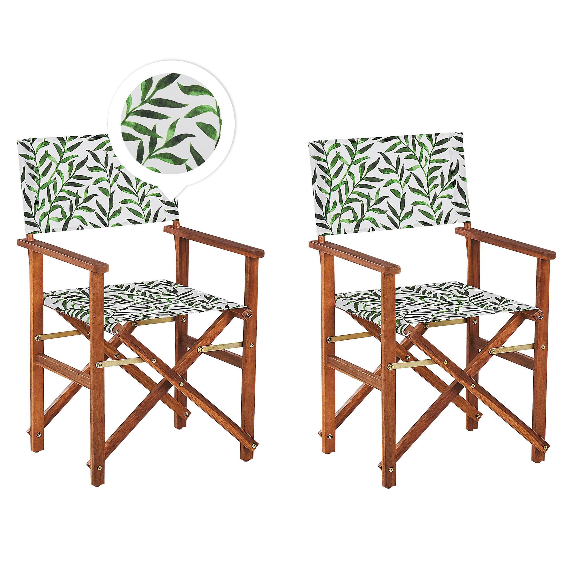 GARTENSTUHL 2er-Set Akazienholz dunkelbraun Auflagen cremeweiß/grün Blattmuster Cine - Dunkelbraun/Creme, Holz (50/91/50cm) - Beliani