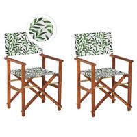 GARTENSTUHL 2er-Set Akazienholz dunkelbraun Auflagen cremeweiß/grün Blattmuster Cine - Dunkelbraun/Creme, Holz (50/91/50cm) - Beliani