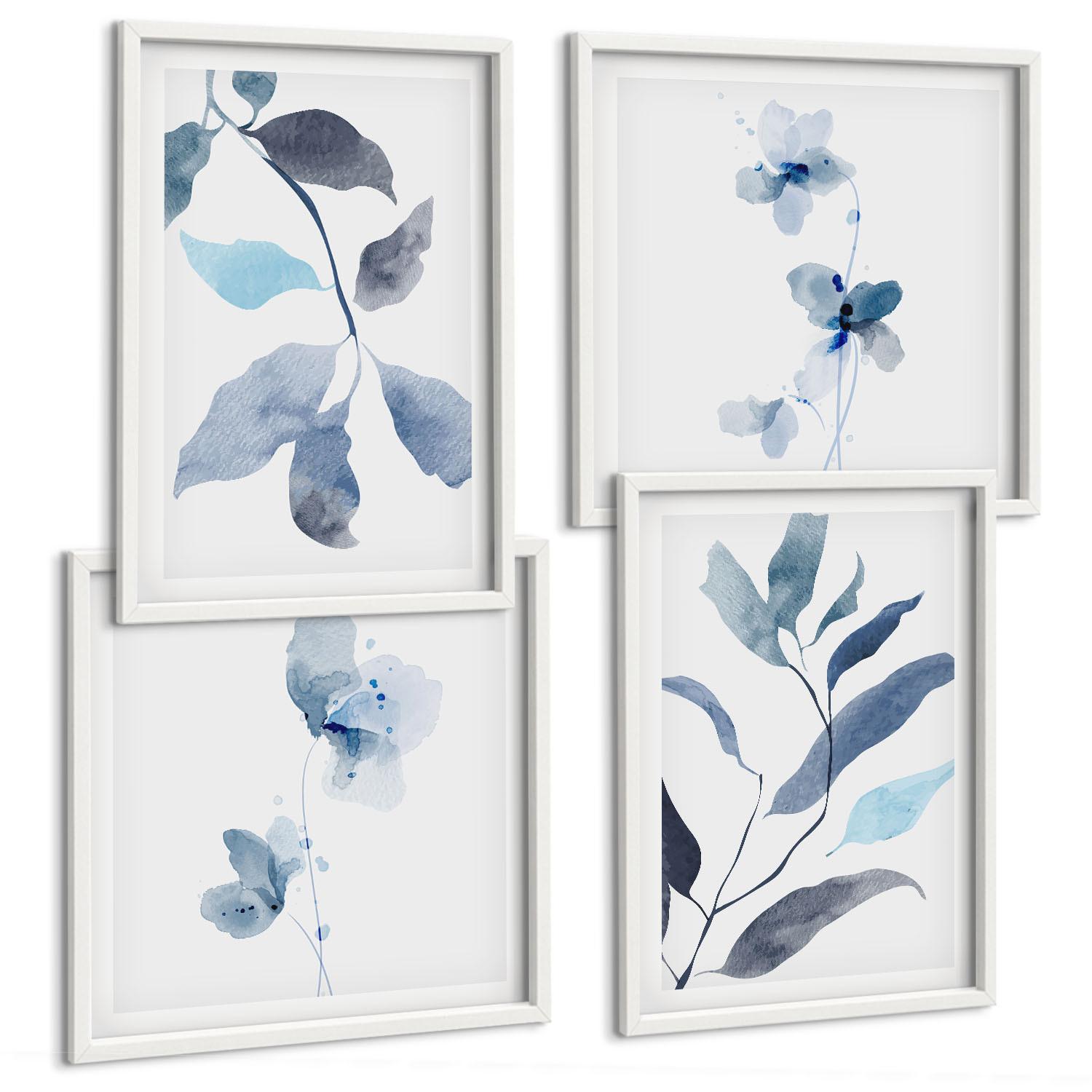 BILDER SET 4er Set - 50x50 cm & 40x60 cm Weißer Rahmen - Aquarell von blauen Blättern - Weiß, Kunststoff (50/50cm) - TULUP
