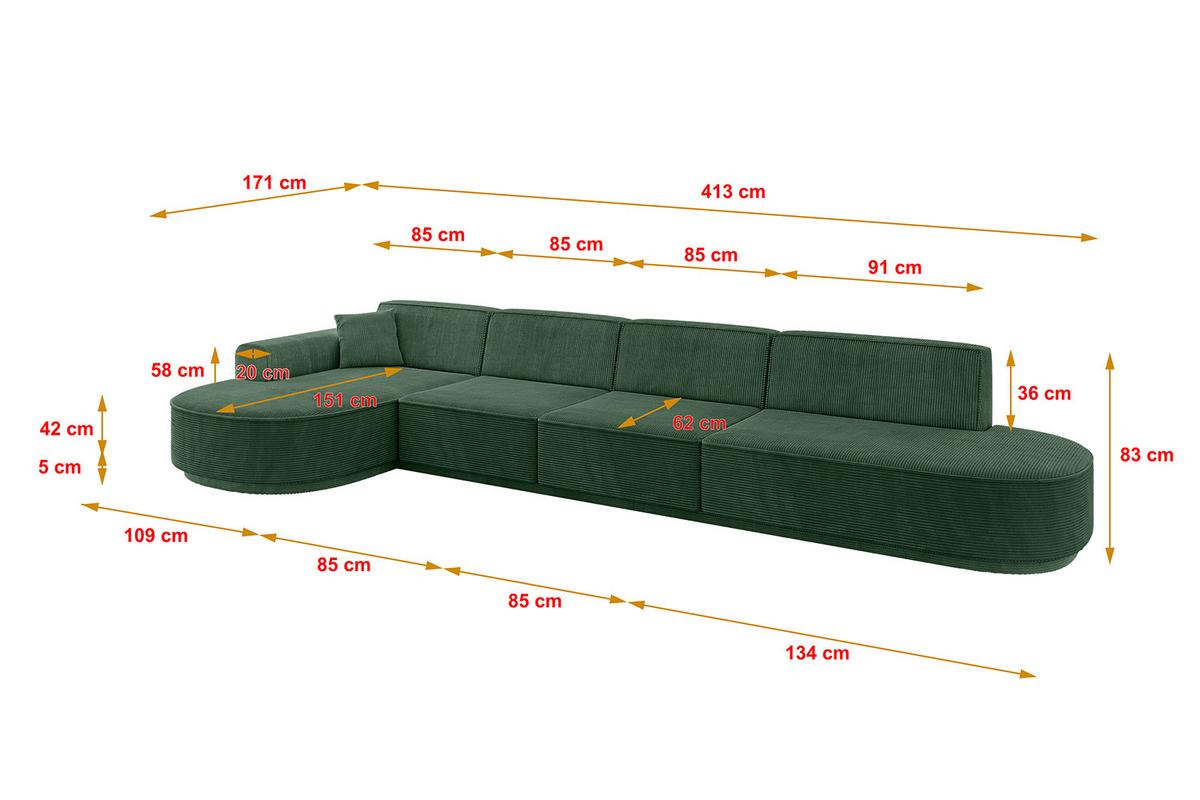 ECKSOFA Ottomane Links MARI-L3-v3 - 413x171x83 cm Grün Cord - Schwarz/Grün, Holzwerkstoff/Kunststoff (413/171cm) - ALTDECOR