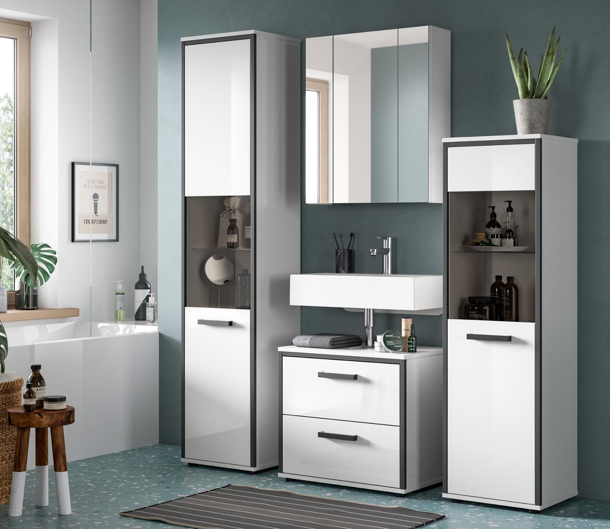 HOCHSCHRANK weiß Hochglanz, grau 40 x 185 cm, Badschrank mit 6 Fächern - Weiß Hochglanz/Schwarz, Glas/Holzwerkstoff (40/188/34cm) - Inn.Furn