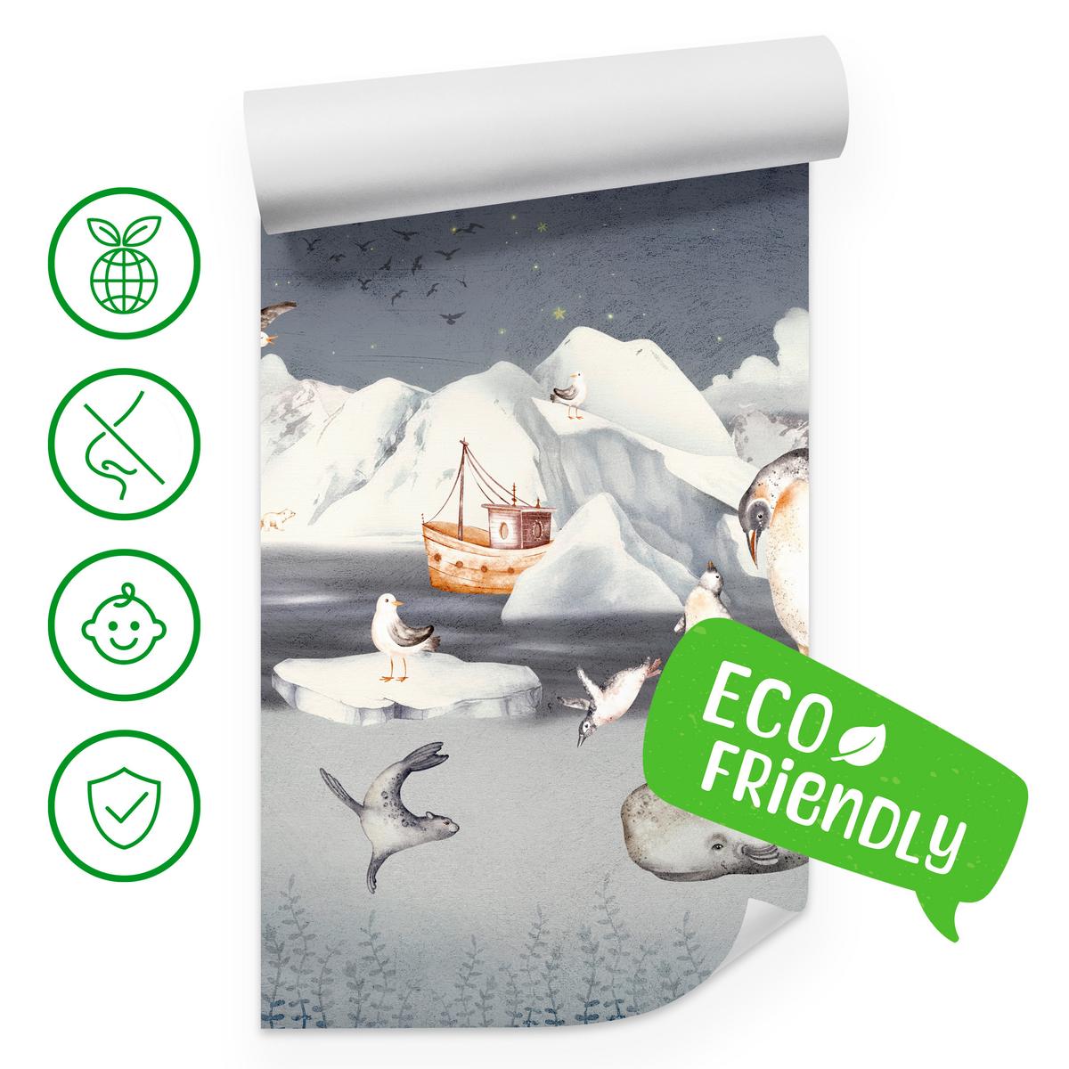 FOTOTAPETE für Kinderzimmer Arktische Tiere Pinguine Robben Mond Gebirge 500x350 - Orange/Weiß, Papier (500/350cm) - Muralo