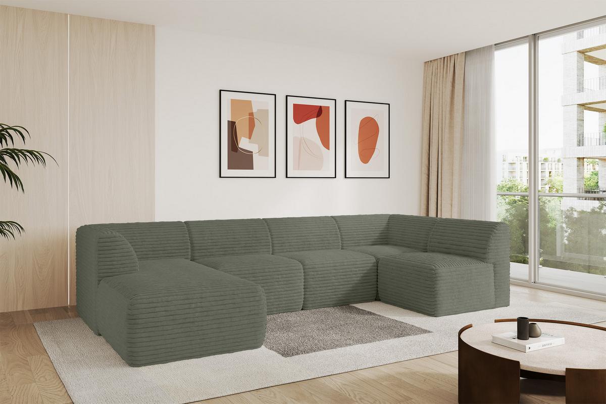 WOHNLANDSCHAFT Ottomane Links MOVO-L 345x180x78 cm Olivgrün Cord - Olivgrün, Holzwerkstoff/Kunststoff (345/78/180cm) - ALTDECOR