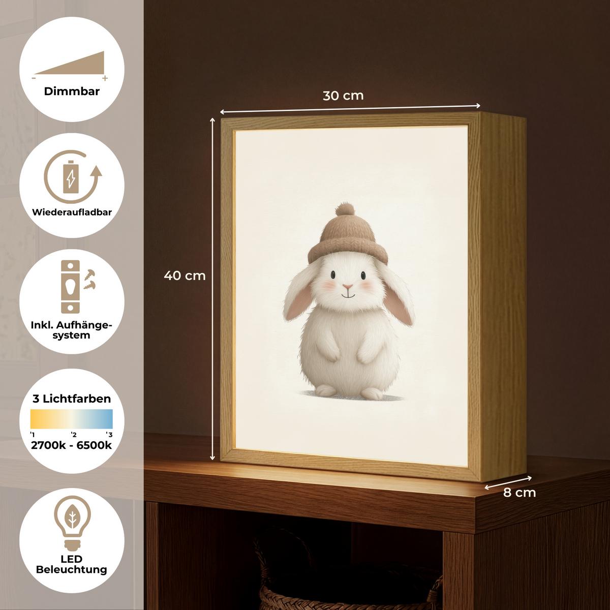 NACHTTISCHLAMPE MIT AKKU Kaninchen - Hut - Ohren - Beige 30x40 cm - Creme, Holzwerkstoff (8/30/40cm) - OnlyWow
