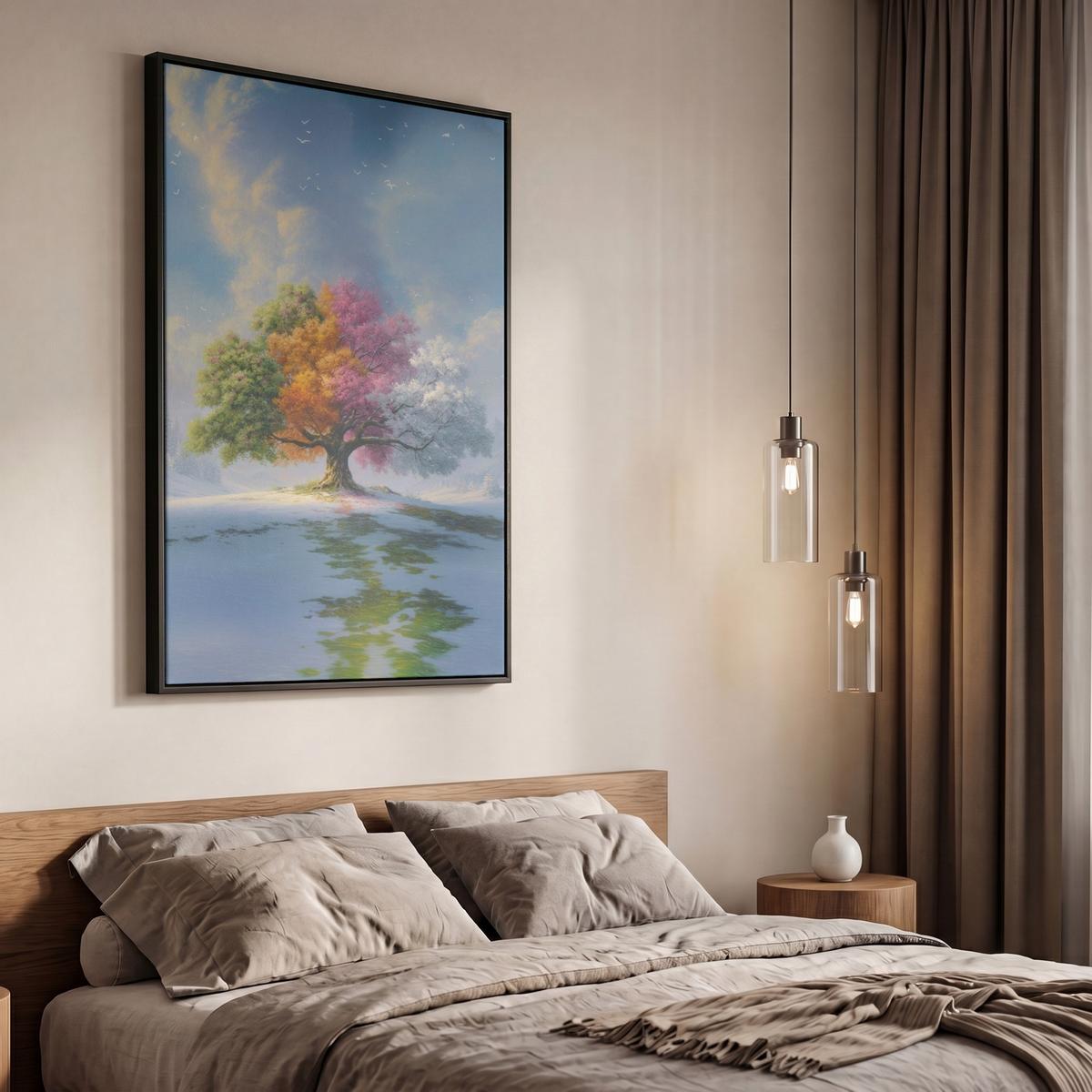 LEINWAND Bilder mit Rahmen - Baum - Jahreszeiten - Winter - Landschaft - 60x90 - Multicolor, Textil (60/90cm) - MuchoWow