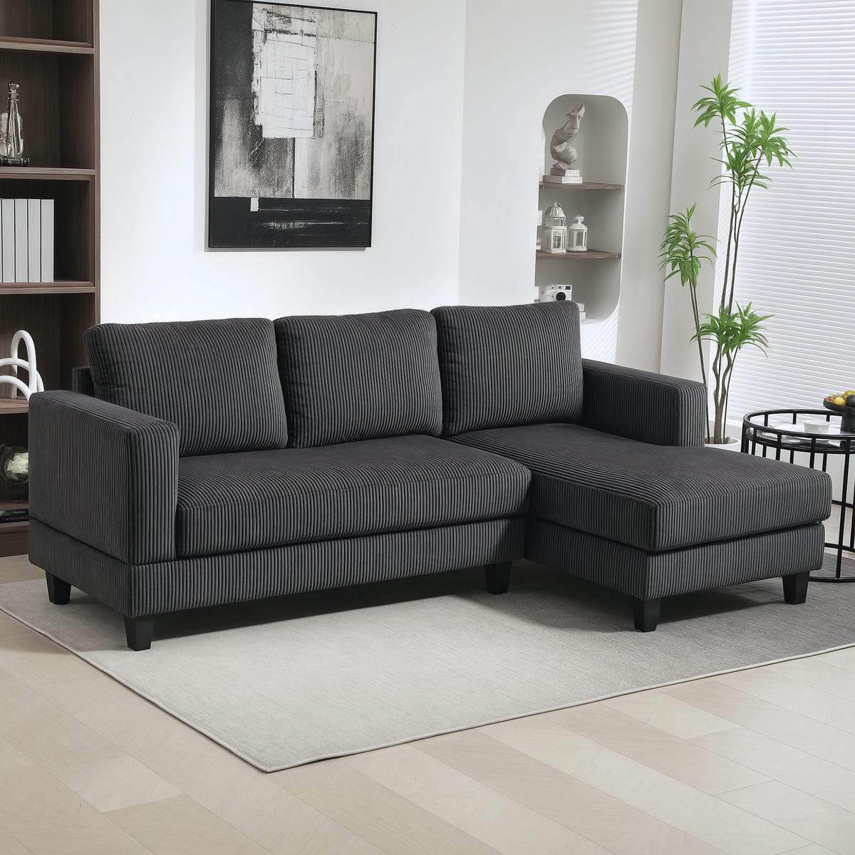 ECKSOFA Couch mit Chaiselongue Sofa L Form Gepolsterte Eckcouch mit Cord-Optik - Dunkelgrau, Kunststoff (134/214cm) - HOMCOM