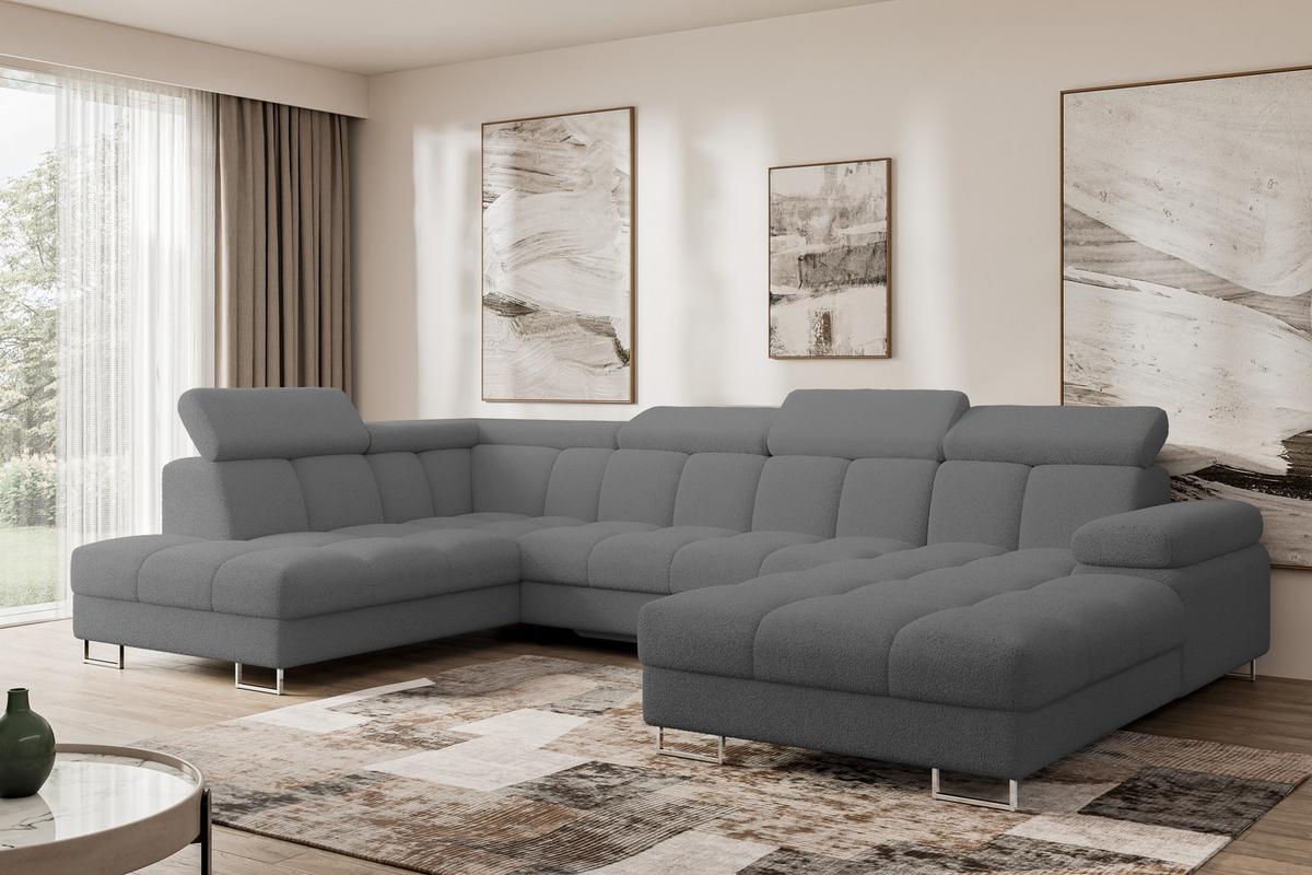 WOHNLANDSCHAFT mit Schlaffunktion und Bettkasten Ottomane Links COMA U 345x203x79 Grau Bouclé - Chromfarben, Holzwerkstoff/Textil (345/79/203cm) - ALTDECOR