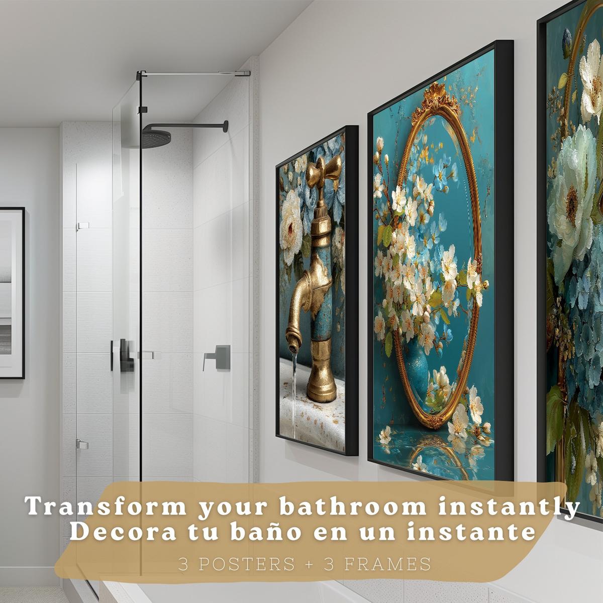 POSTER 3er-Set dekorative Badezimmer-Poster, elegante für Wand, Waschbecken, Dusche, mit Armatur, Spiegel und goldener Dusche Schwarzer Rahmen A4 - Schwarz, Papier (29.7/21/3cm) - Nacnic