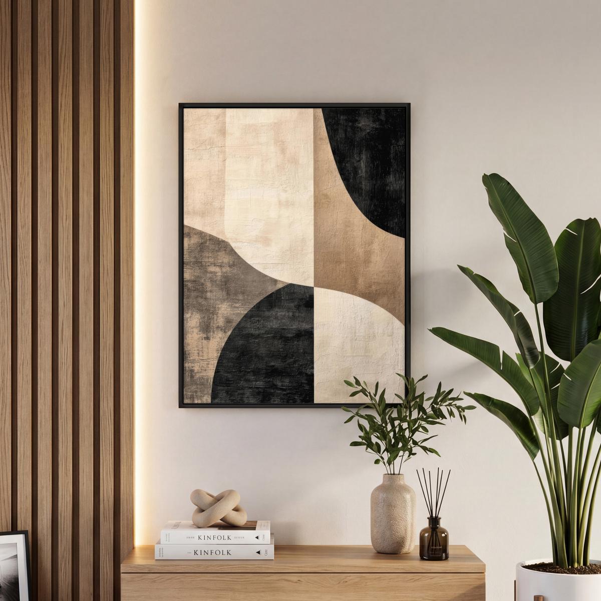 LEINWAND Bilder mit Rahmen - Abstrakt - Flugzeuge - Schwarz - Rund - 50x70 - Beige, Textil (50/70cm) - MuchoWow