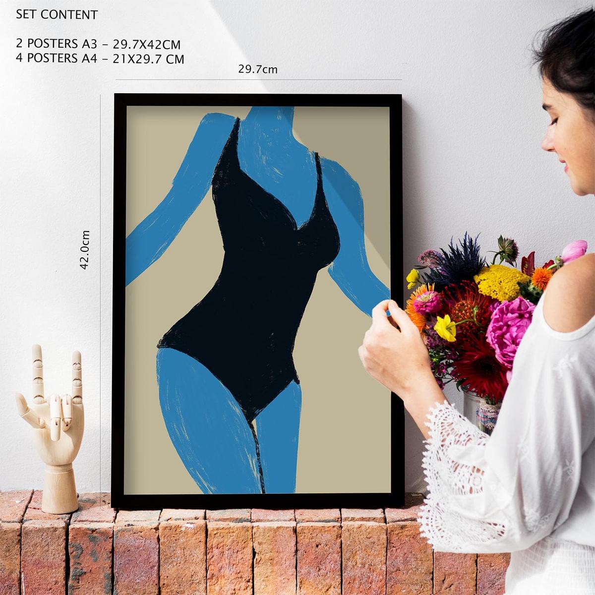 POSTER Set Mit 6 Mettle Körper 1 In Weibliche Zusammenfassung Ästhetische Dekorative Gemälde Für Ihr Wohnzimmer Zuhause A3 & A4 Schwarzer Rahmen - Schwarz, Papier (29/3cm) - Nacnic