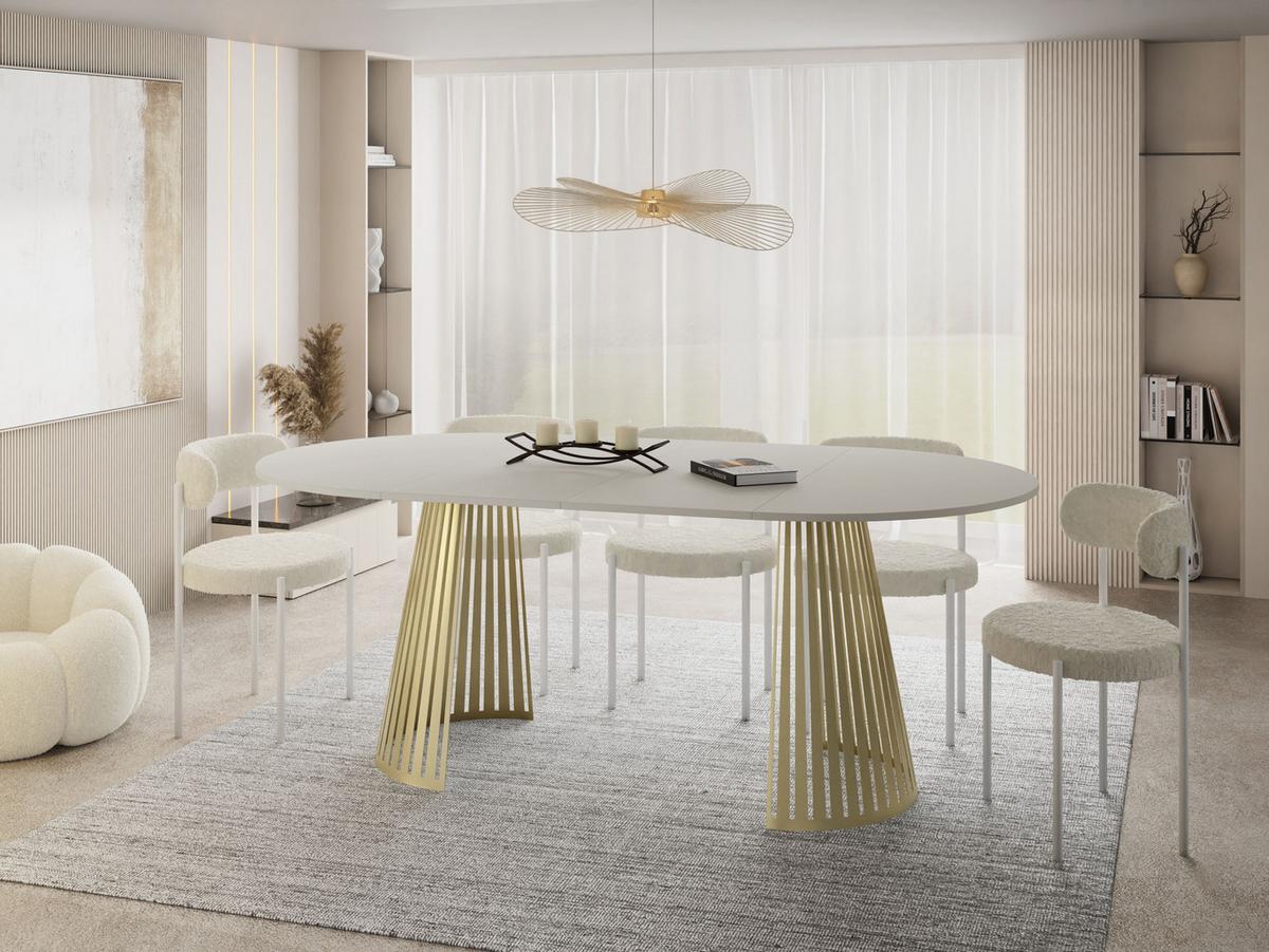 ESSTISCH Naro rund ausziehbar mit Goldenem Lamellen-Metallgestell, Beige Kaschmir 100-180/100/76 cm - Kaschmir/Beige, Holzwerkstoff/Metall (100/176/76cm) - WFL GROUP